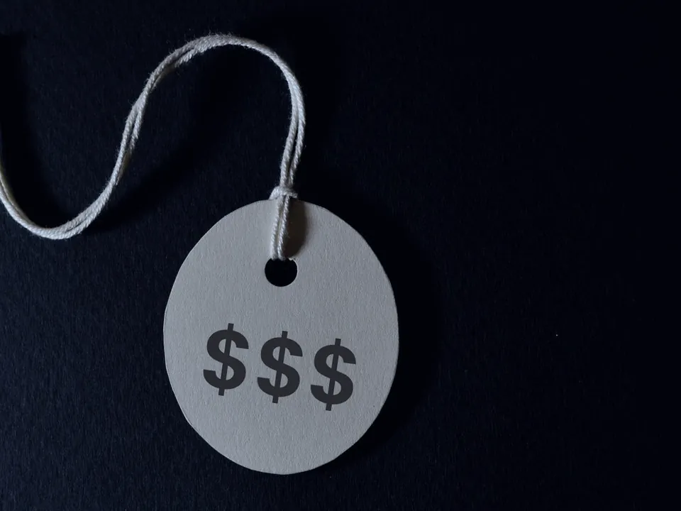 A blank paper price tag marked with three dollar signs.